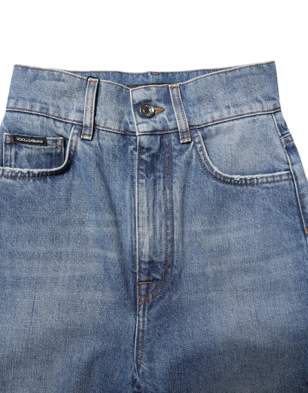 Jeans denim skinny bleu lavé dolce gabbana taille haute avec étiquette de marque sur la poche avant