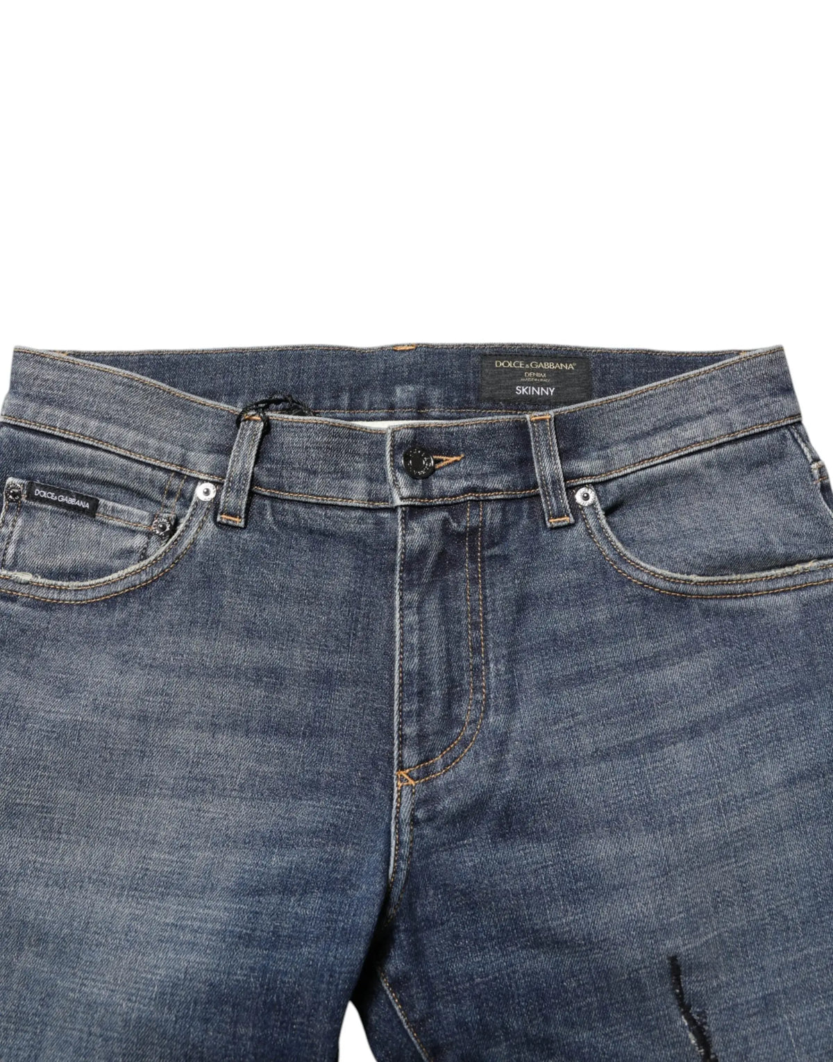 Jean slim homme bleu foncé en denim dolce & gabbana avec lavage et plaque logo classique cinq poches