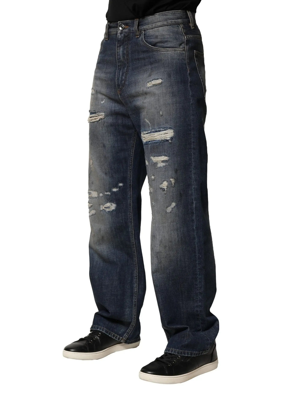 Jeans homme dolce & gabbana en coton bleu foncé délavé avec détails déchirés et zones effilochées