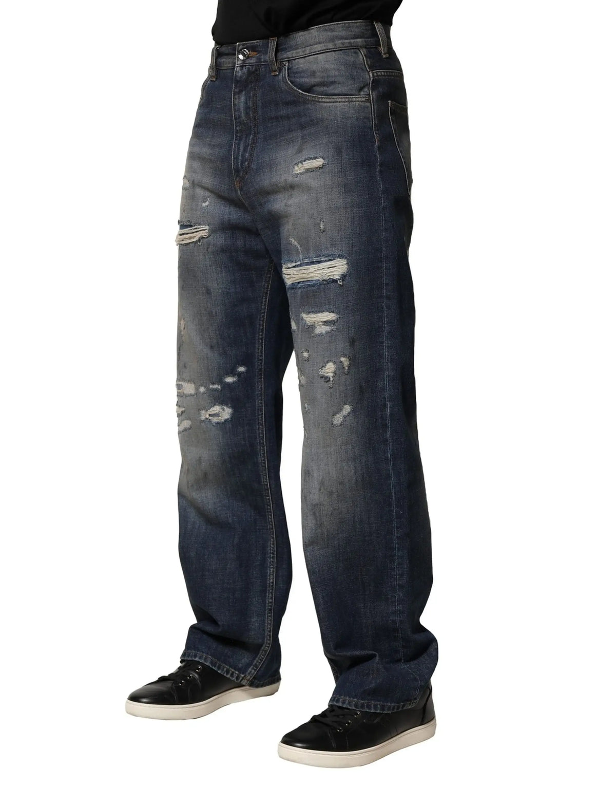 Jeans homme dolce & gabbana en coton bleu foncé délavé avec détails déchirés et zones effilochées