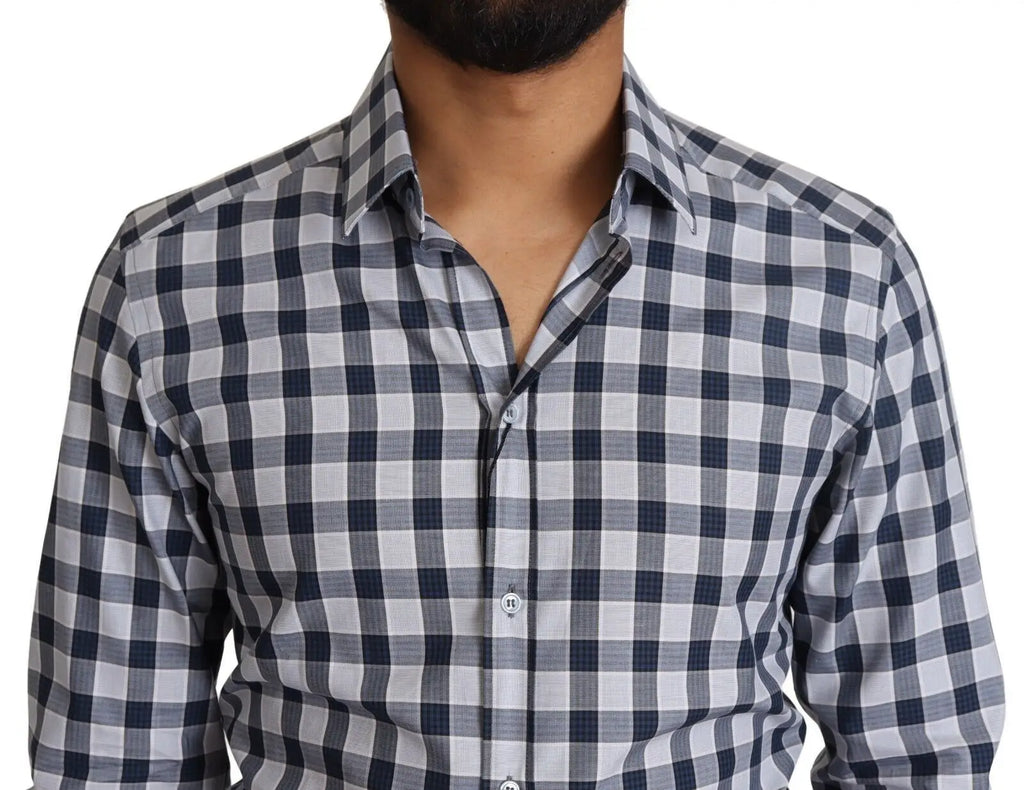 Chemise dolce & gabbana homme bleu et blanc à carreaux en coton slim fit avec col rigide et tissu tissé lisse