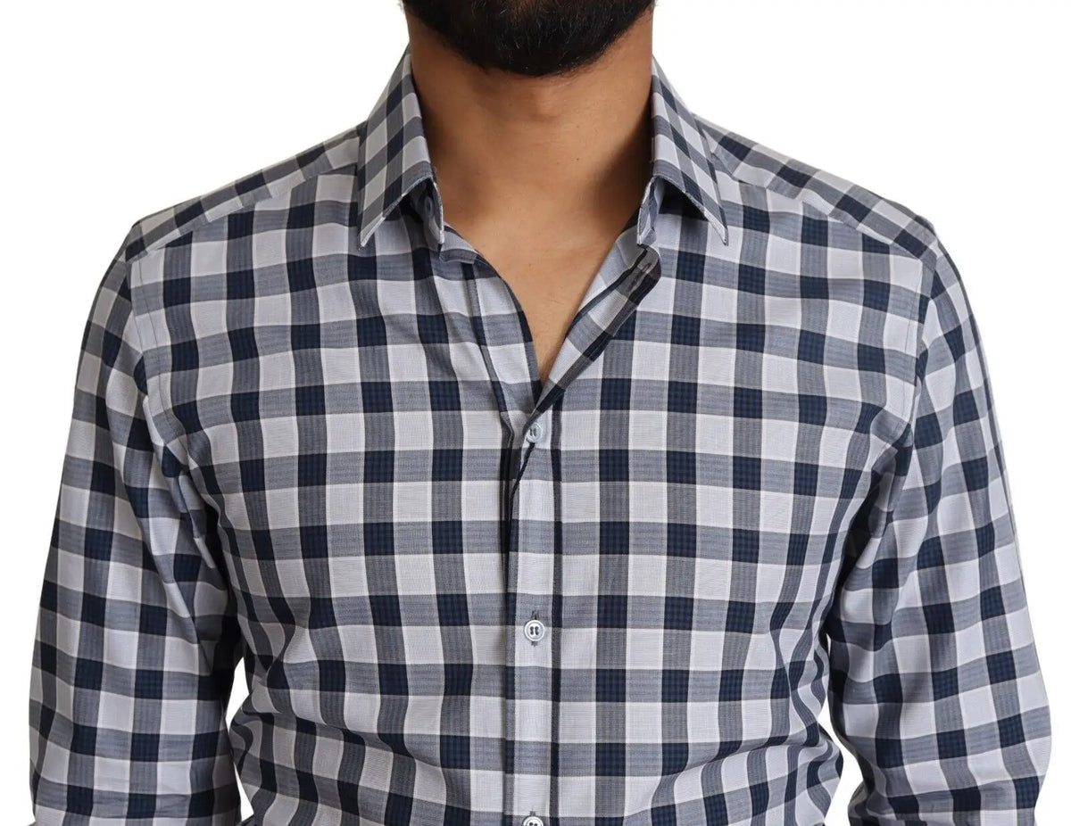Chemise dolce & gabbana homme bleu et blanc à carreaux en coton slim fit avec col rigide et tissu tissé lisse