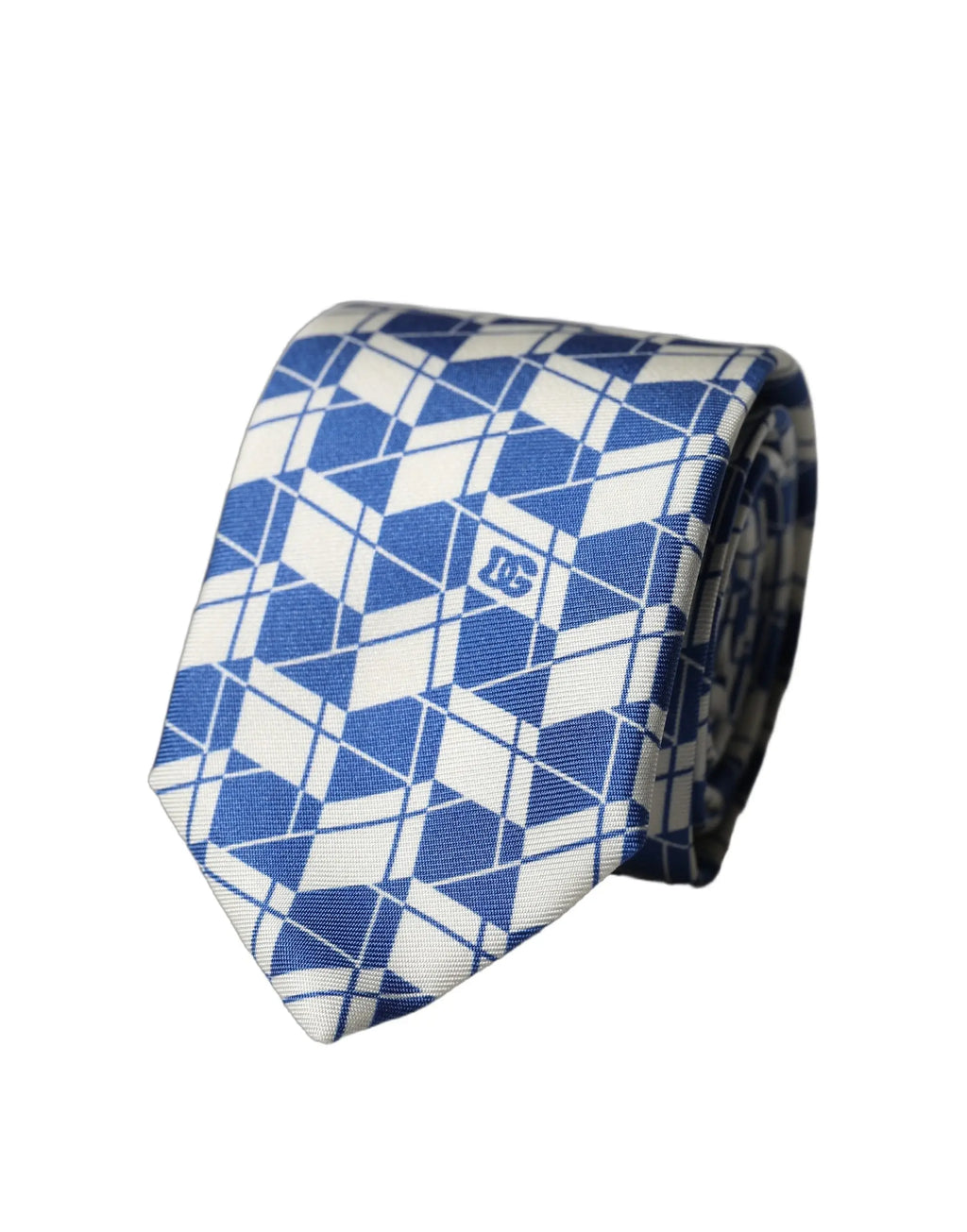 Cravate homme dolce gabbana en soie bleue et blanche à motif géométrique avec logo dc brodé subtil