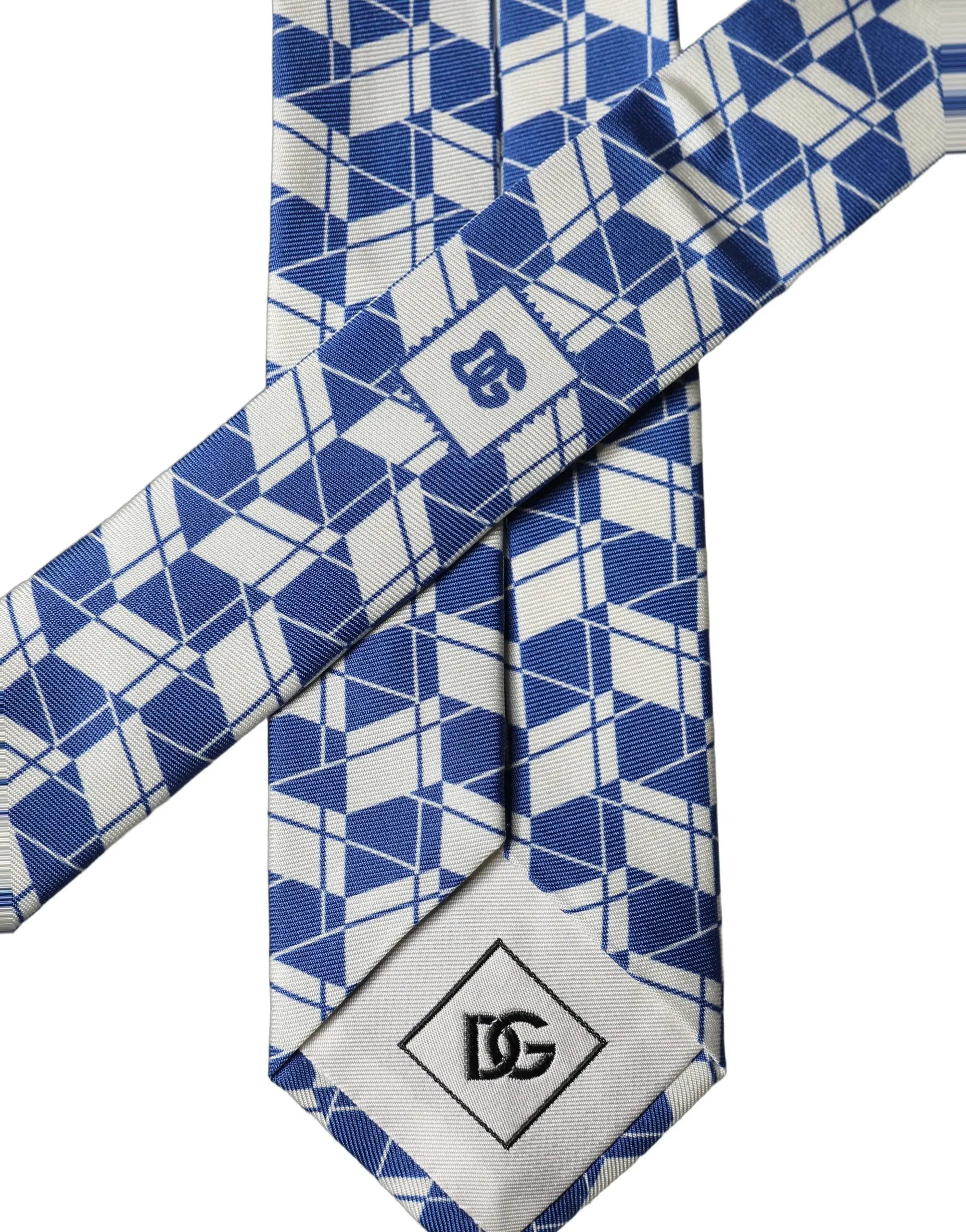 Dolce & gabbana cravate en soie bleue et blanche à motif géométrique avec logo dg brodé au bout ajustable homme