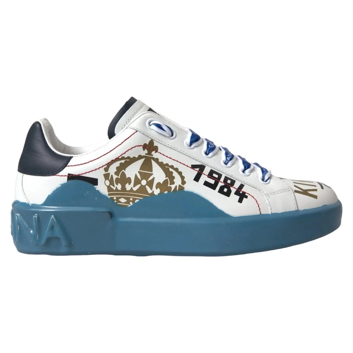 Baskets dolce & gabbana portofino melt en cuir blanc avec semelle bleue caoutchouc couronne dorée et graphique 1984