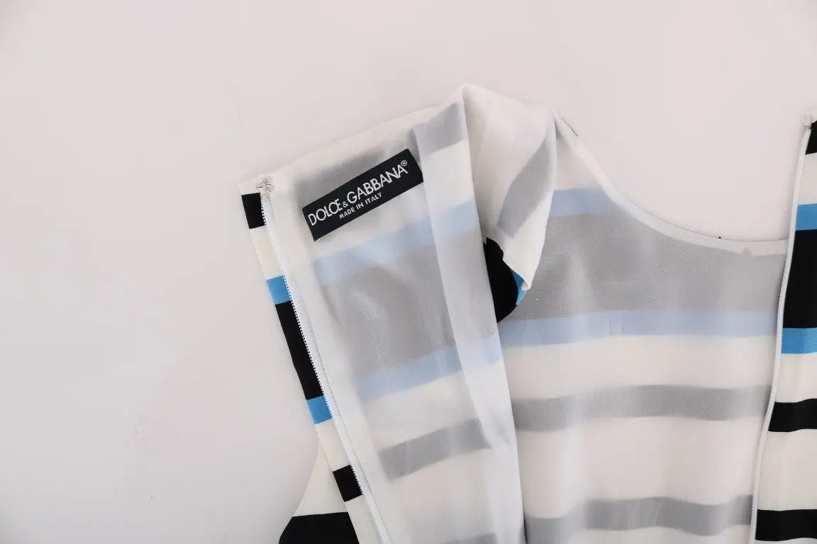 Robe droite stretch en soie dolce gabbana avec rayures horizontales noires, bleu clair et grises sur fond blanc