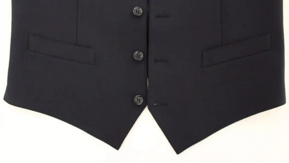 Dolce & Gabbana gilet formel bleu en laine avec trois boutons sombres et poches à rabat noir ajusté