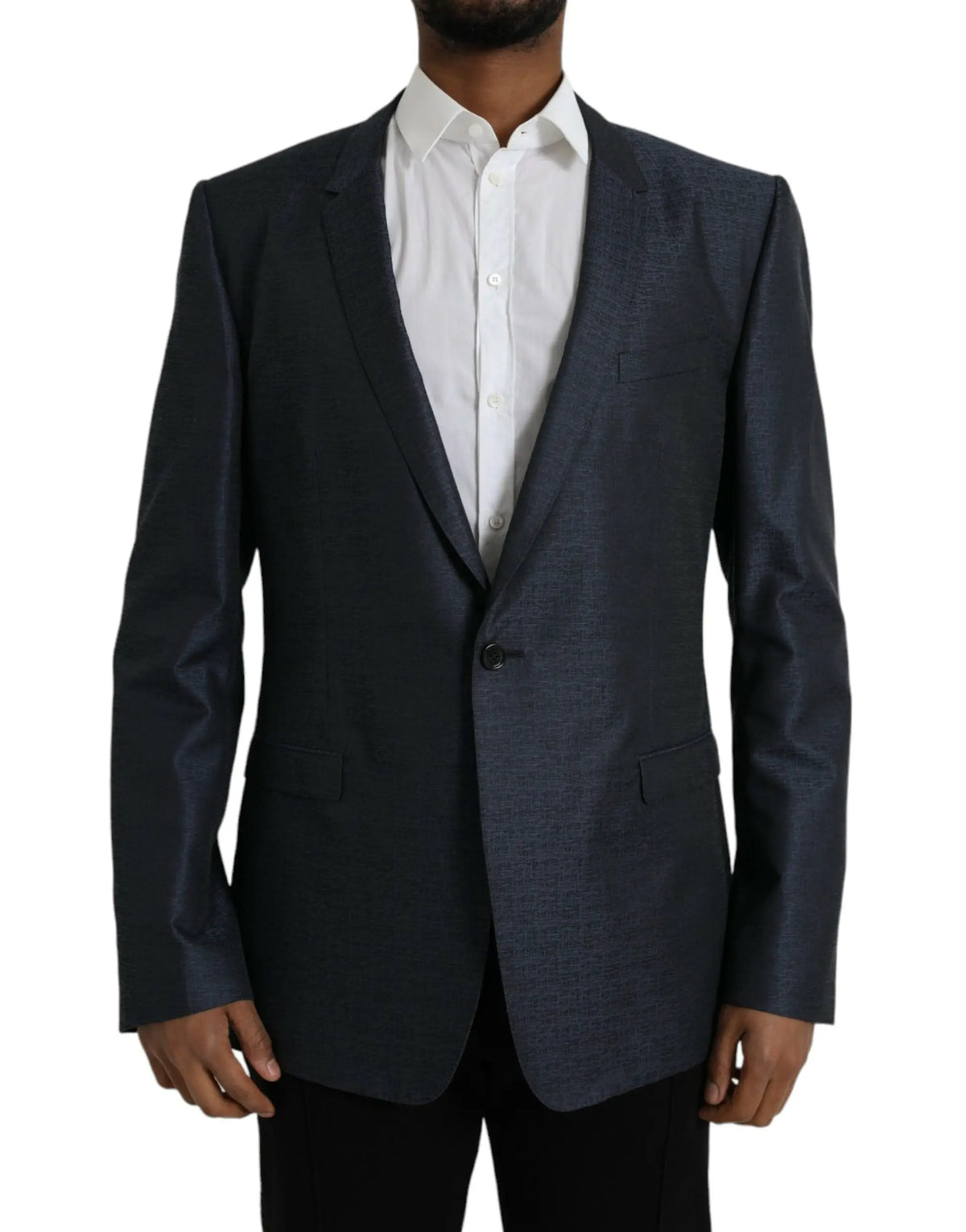 Dolce & Gabbana blazer en laine bleue foncée texturée avec col à revers cranté et deux poches à rabat