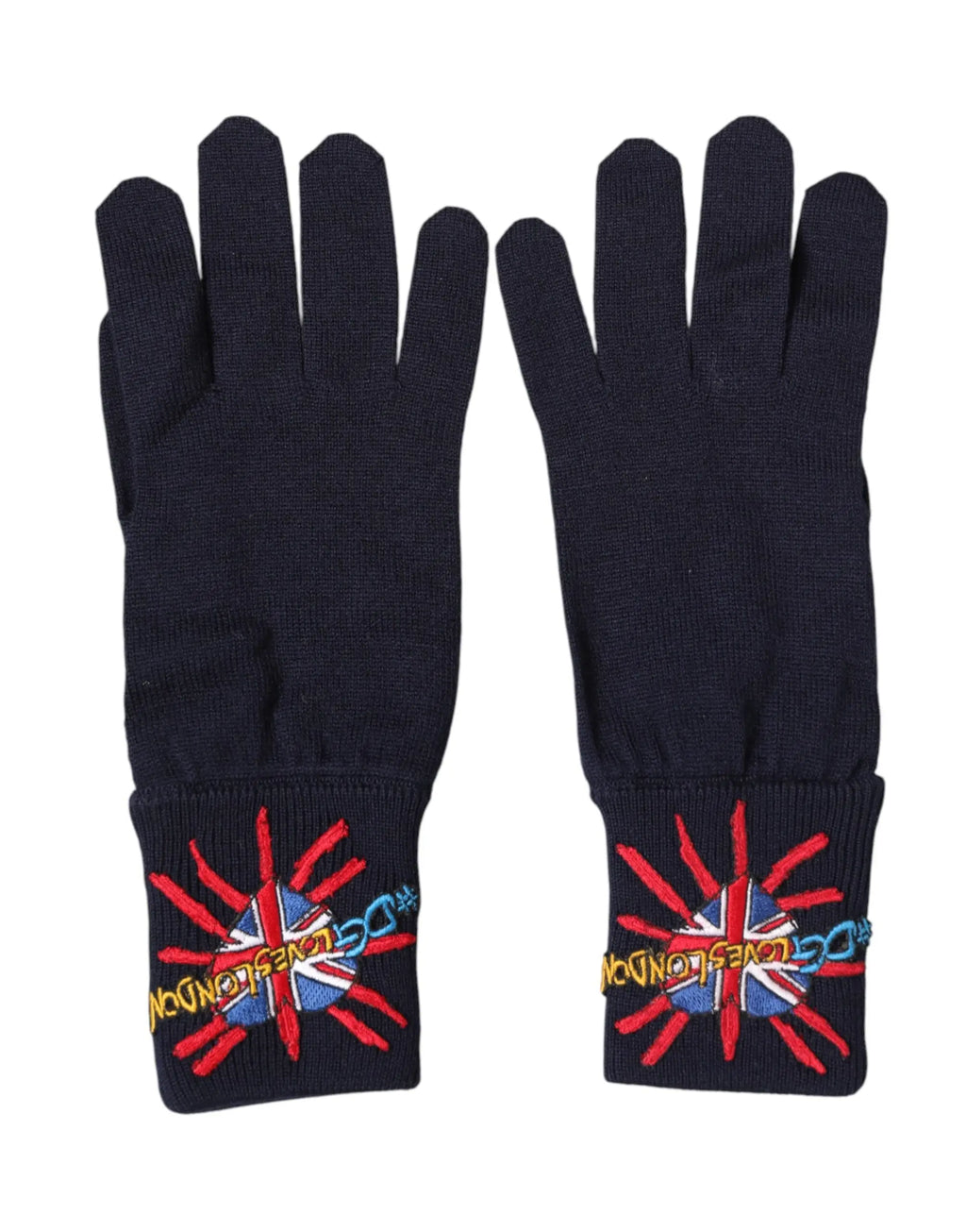 Gants mitaines en laine bleu foncé dolce et gabbana avec drapeaux union jack brodés et texte london jaune