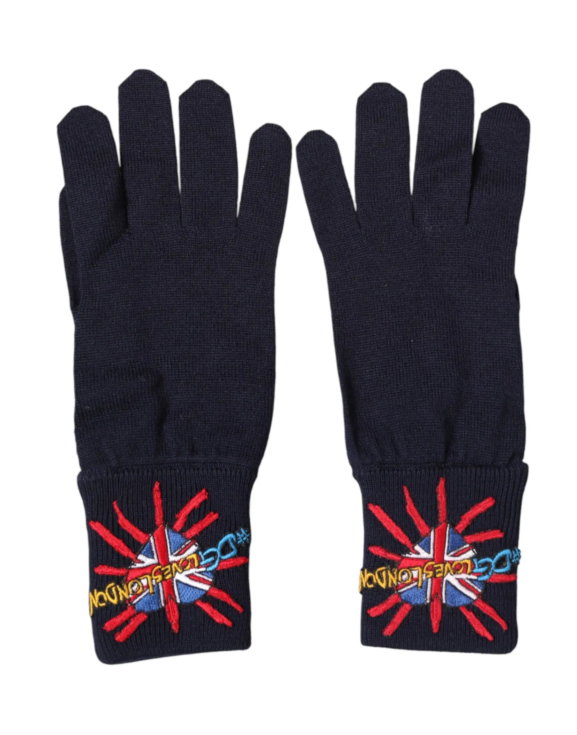 Gants mitaines en laine bleu foncé dolce et gabbana avec drapeaux union jack brodés et texte london jaune