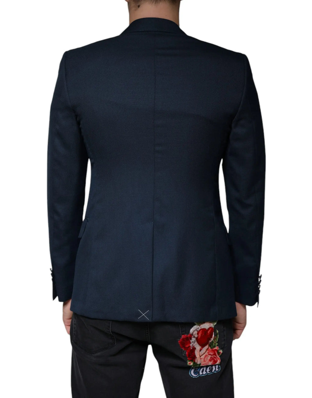 Blazer dolce & gabbana bleu marine en laine avec coupe ajustée et motif de rose brodé au dos