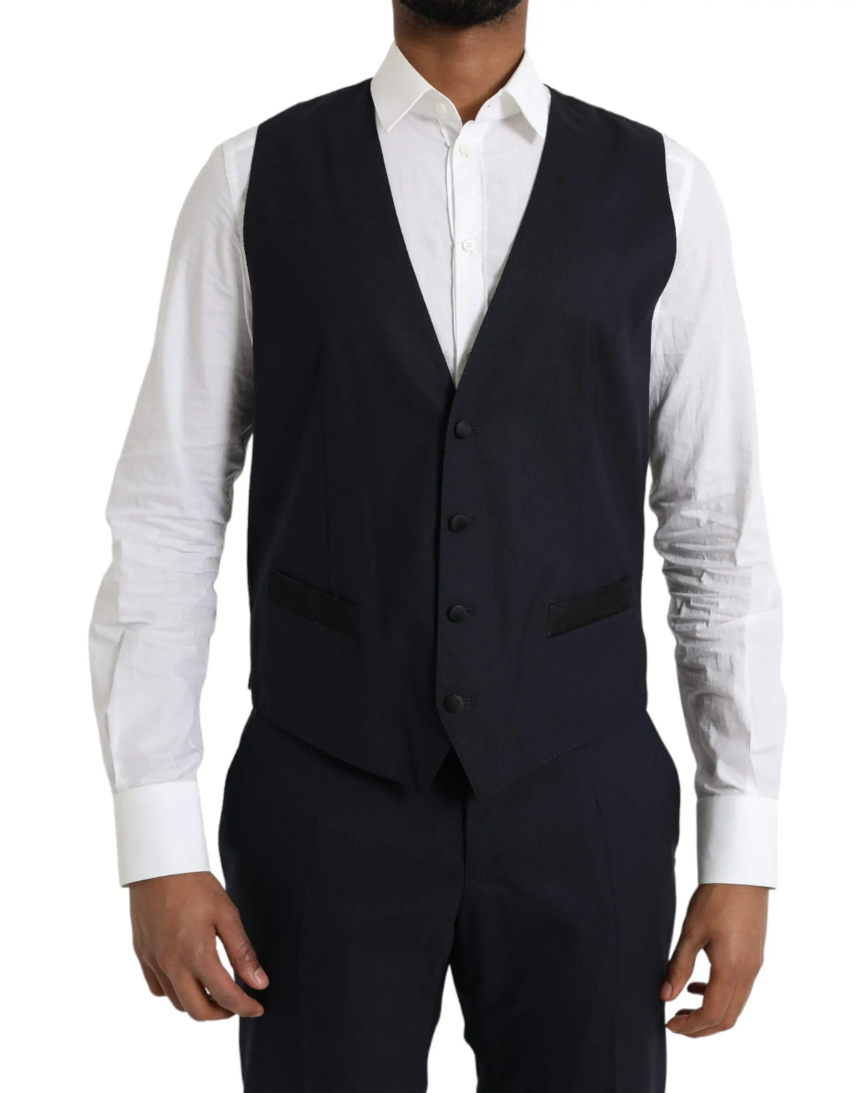 Gilet noir ajusté dolce & gabbana avec cinq boutons foncés et coutures contrastantes subtils en laine bleue martini