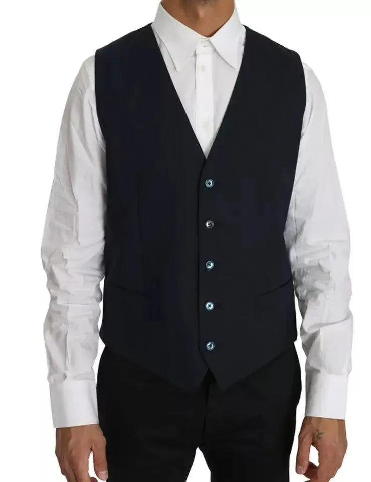 Dolce & gabbana blue wool martini blazer vest noir en laine avec cinq boutons assortis et col en v classique