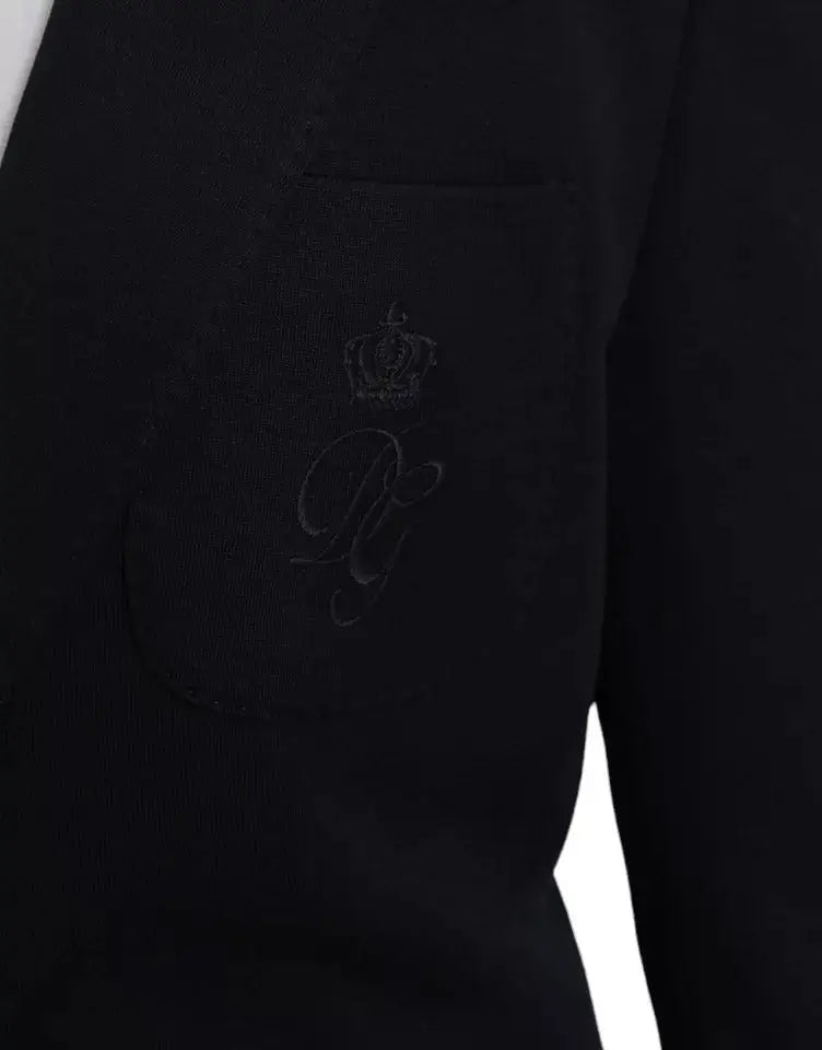 Blazer noir dolce & gabbana en laine bleue avec broderie discrète de couronne et monogramme sur la poche poitrine