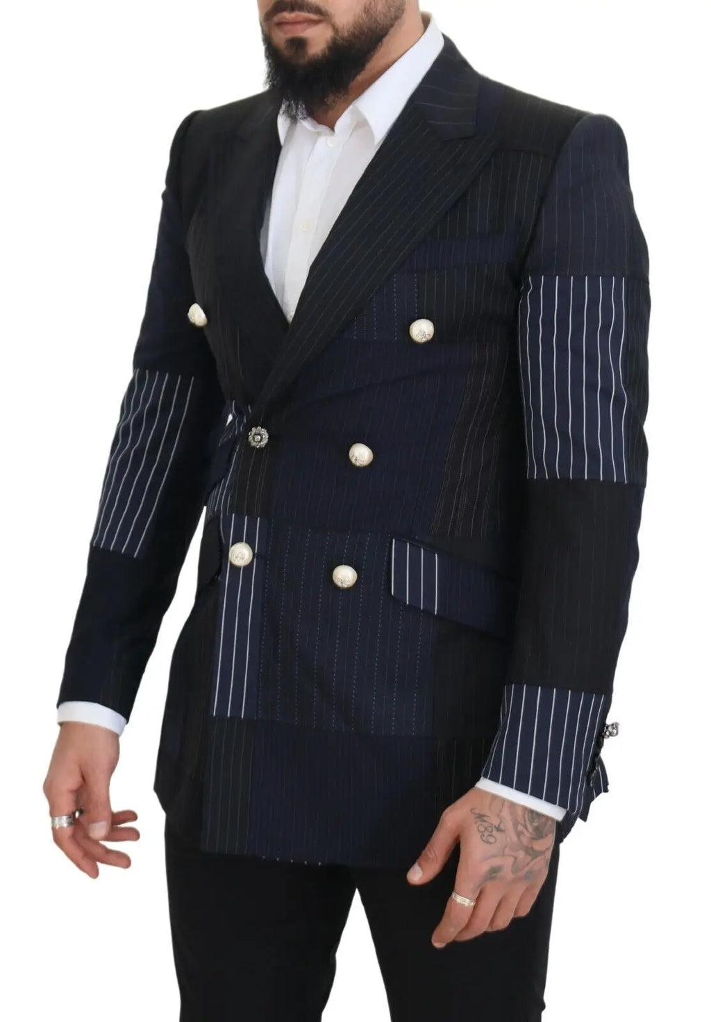Dolce & gabbana blazer bleu marine en laine double boutonnage avec rayures blanches et boutons argentés