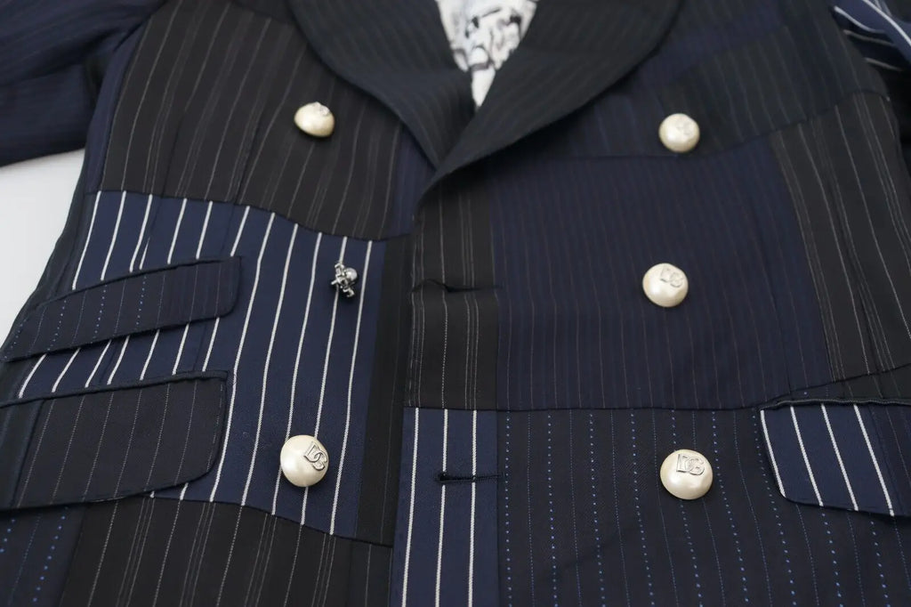 Dolce & gabbana blazer bleu en laine patchwork double boutonnage avec panneaux noirs contrastants et boutons cream dior