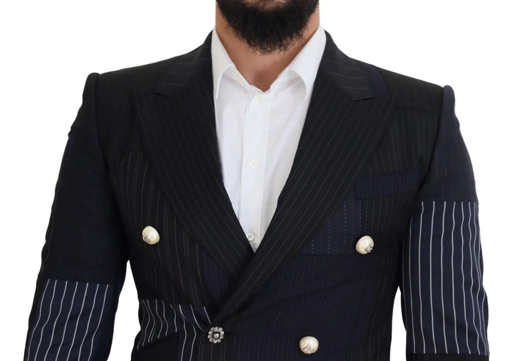 Veste blazer double boutonnage noire à fines rayures blanches avec boutons crème en laine dolce et gabbana