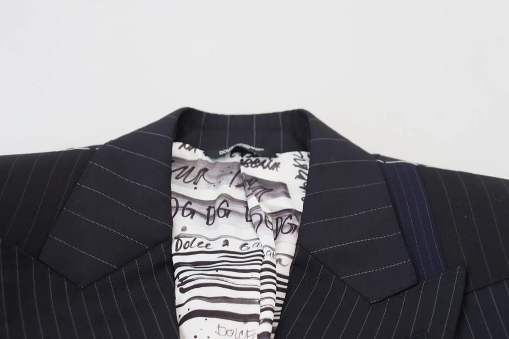 Dolce & gabbana blazer bleu en laine patchwork double boutonnage avec doublure graphique blanche et noire contrastante
