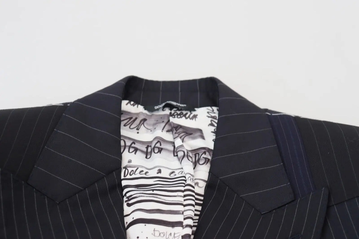 Dolce & gabbana blazer bleu en laine patchwork double boutonnage avec doublure graphique blanche et noire contrastante
