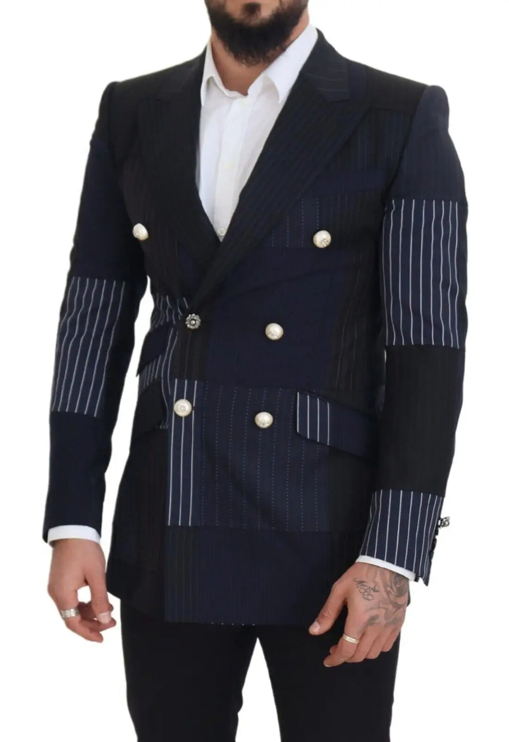 Blazer double boutonnage bleu Dolce & Gabbana en laine avec panneaux bleu marine à fines rayures blanches et boutons dorés