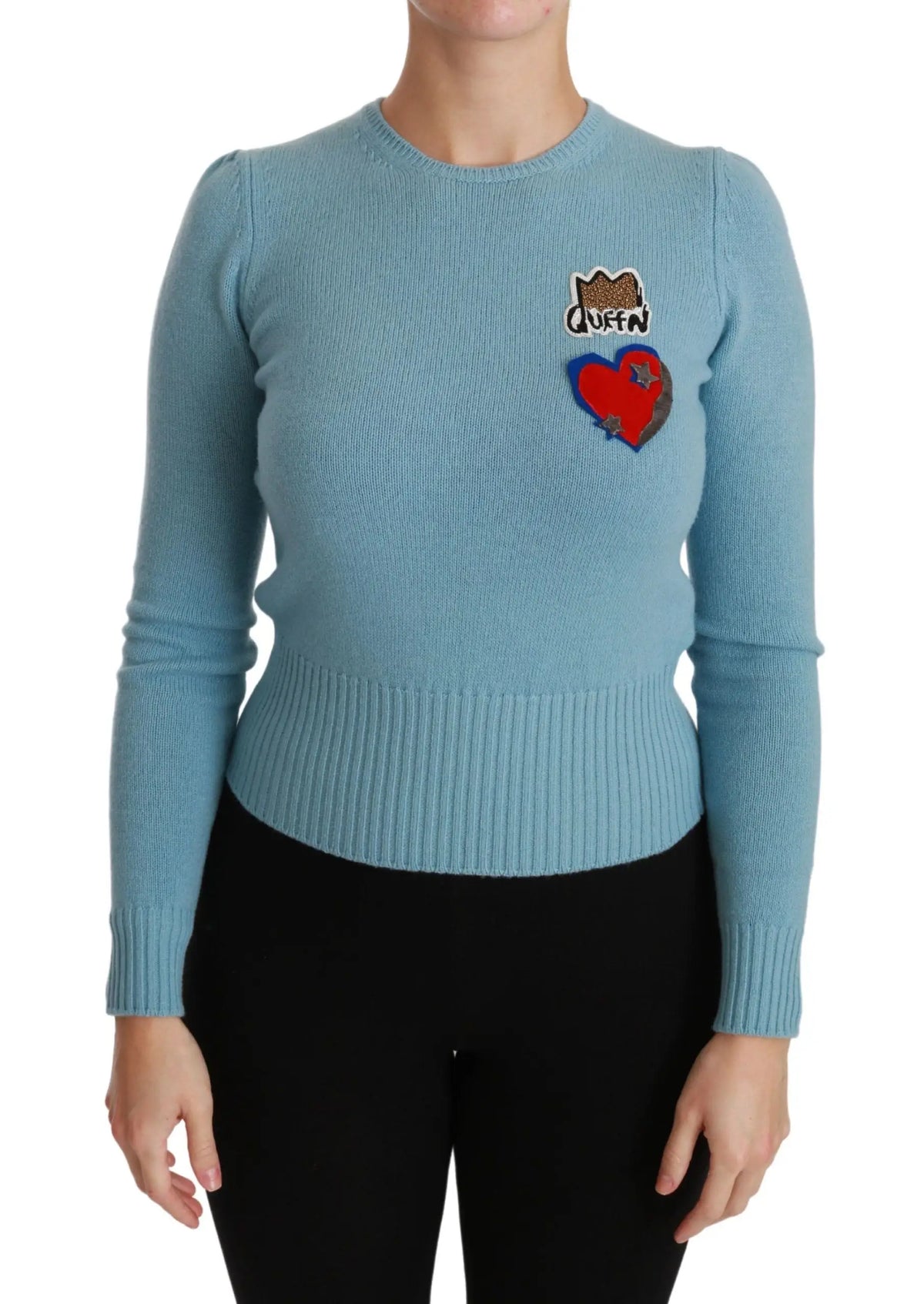 Pull-over bleu clair en laine dolce & gabbana avec un écusson queen orné d’une couronne et d’un cœur