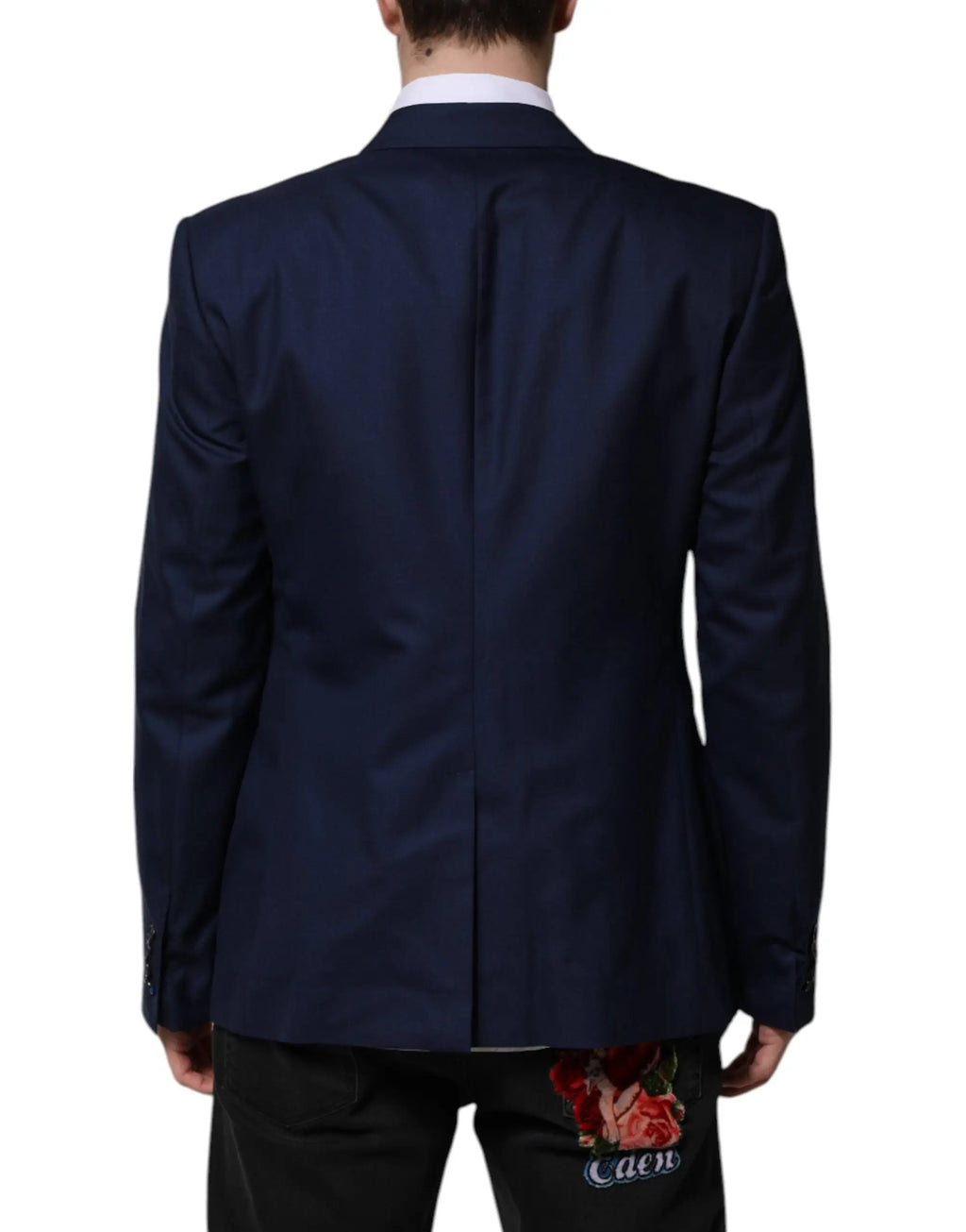 Blazer dolce & gabbana bleu marine en laine avec coupe ajustée et patch brodé de rose au bas du dos vue arrière