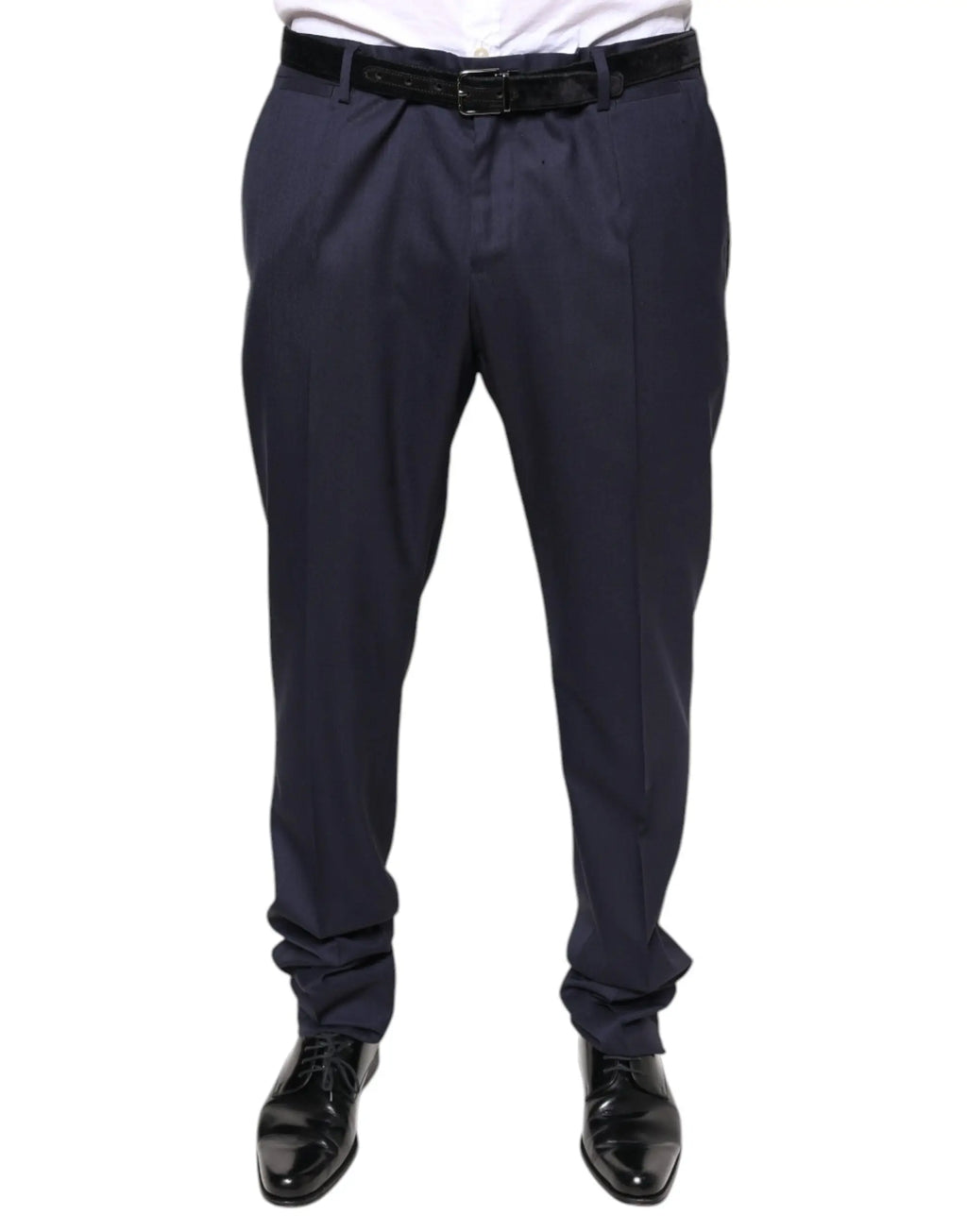Pantalon de costume slim en laine bleu marine dolce & gabbana avec plis et ceinture noire ajustée