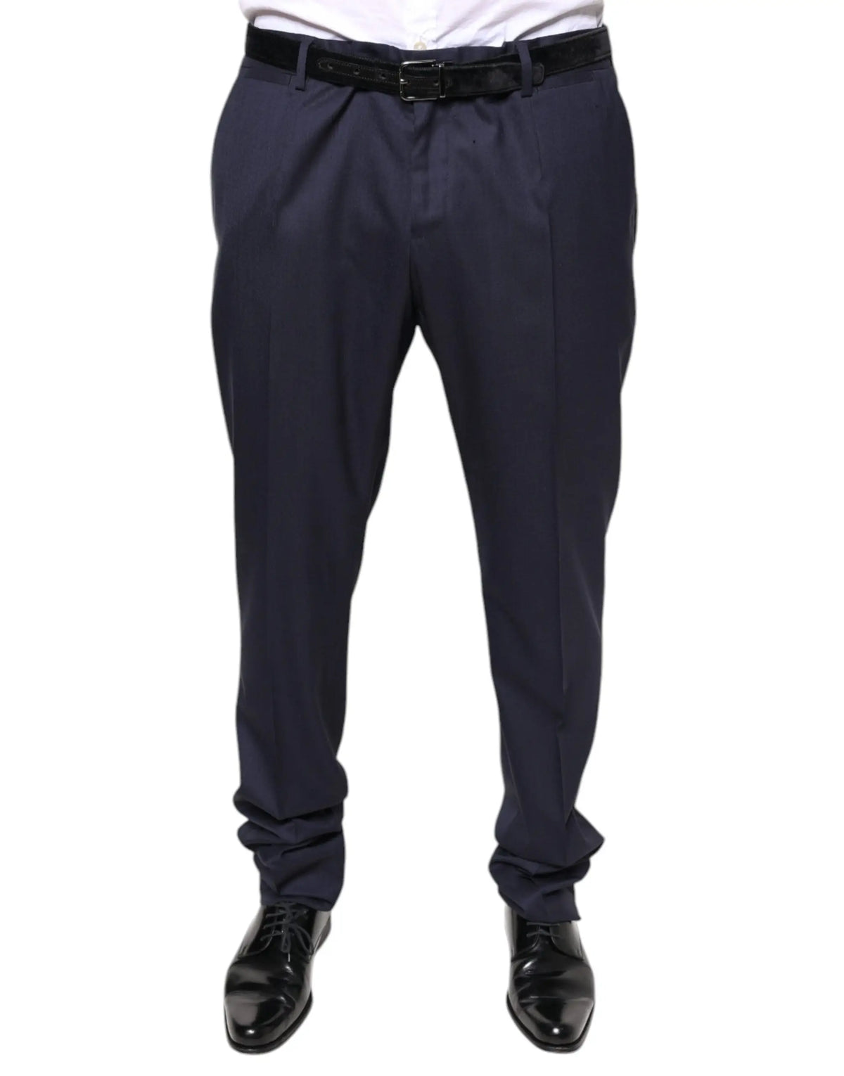 Pantalon de costume slim en laine bleu marine dolce & gabbana avec plis et ceinture noire ajustée
