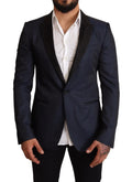 Dolce & gabbana blazer bleu marine en laine slim fit avec revers en satin noir et motif texturé subtil
