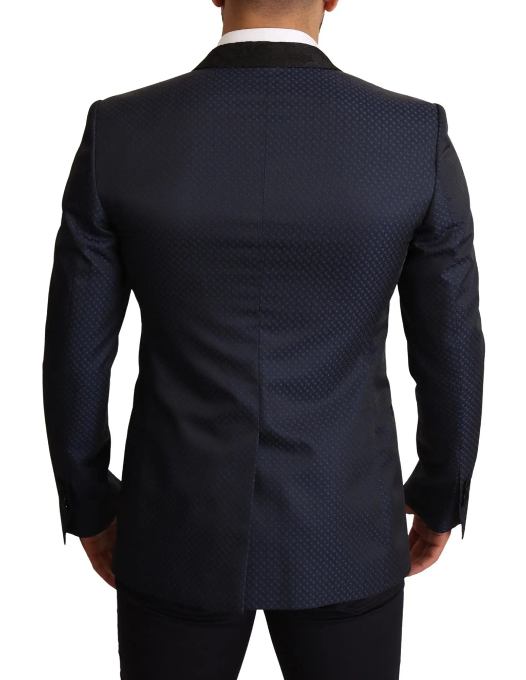 Blazer dolce & gabbana slim fit en laine bleu marine avec motif texturé et revers en satin noir contrastant