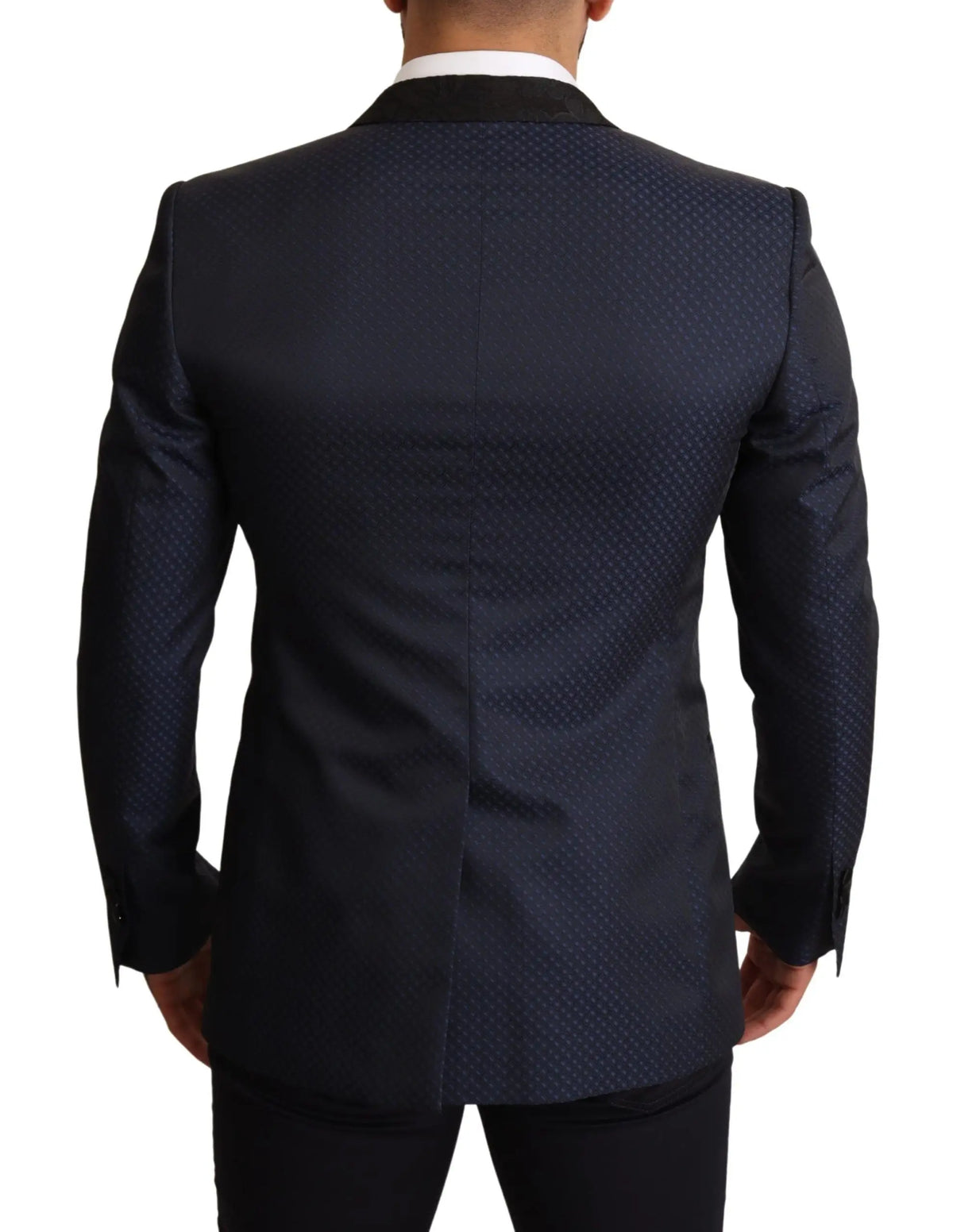 Blazer dolce & gabbana slim fit en laine bleu marine avec motif texturé et revers en satin noir contrastant