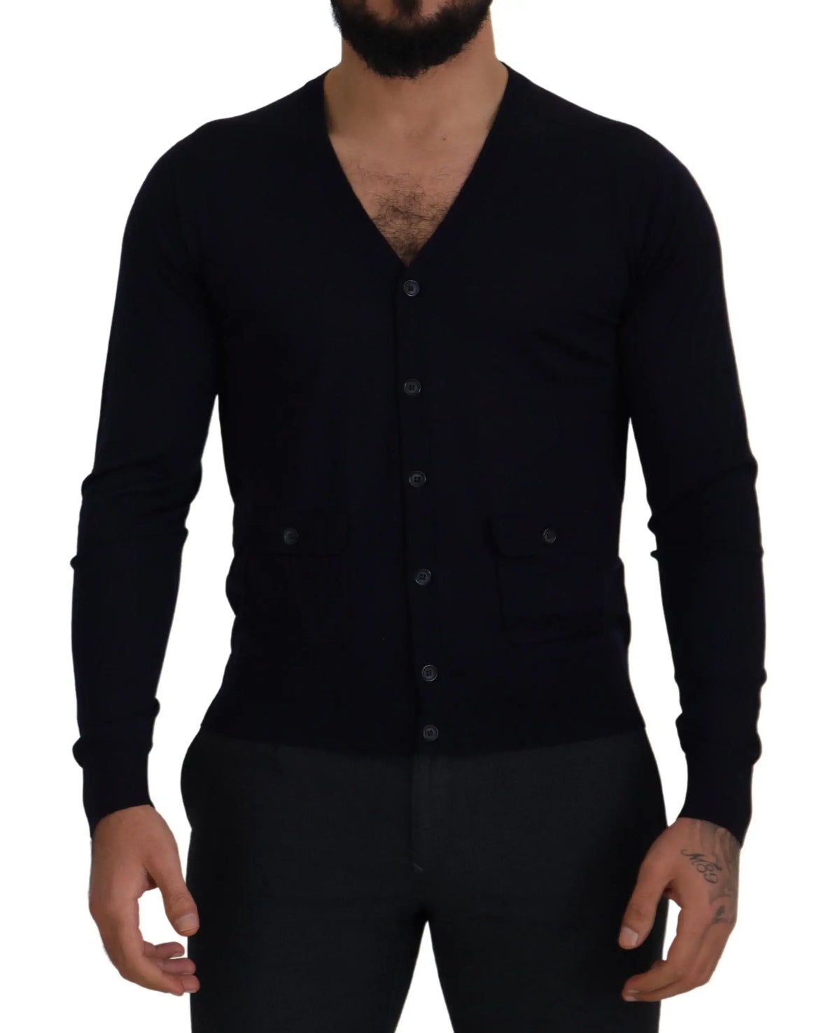 Cardigan dolce & gabbana en laine bleu avec col en v, fermeture à boutons et deux poches avant noires