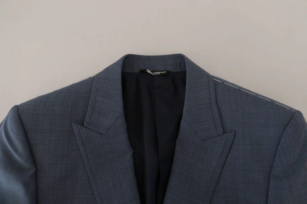 Blazer dolce gabbana bleu en laine stretch slim fit avec texture grise foncée et col cranté doublure noire