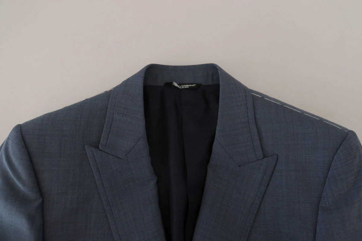 Blazer dolce gabbana bleu en laine stretch slim fit avec texture grise foncée et col cranté doublure noire