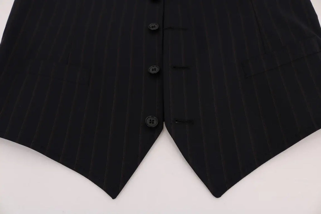 Dolce & gabbana blue wool stretch vest noir à rayures fines avec boutons assortis et coupe classique ajustée