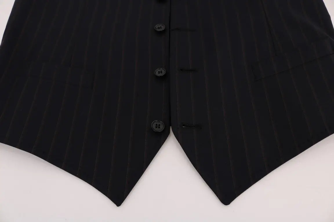 Dolce & gabbana blue wool stretch vest noir à rayures fines avec boutons assortis et coupe classique ajustée