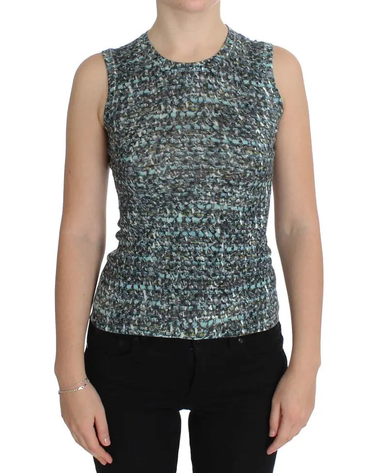 Dolce & gabbana pull sans manches en laine bleu avec motif texturé moucheté en teal et gris
