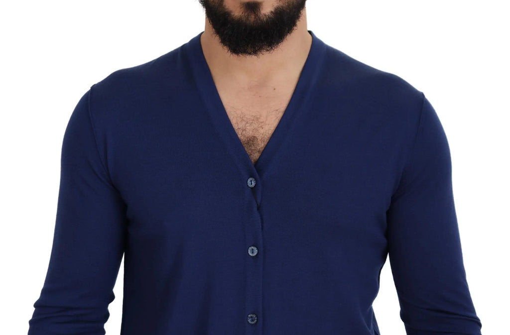 Cardigan dolce et gabbana bleu marine en laine à col en v et boutons avec texture subtile manches longues
