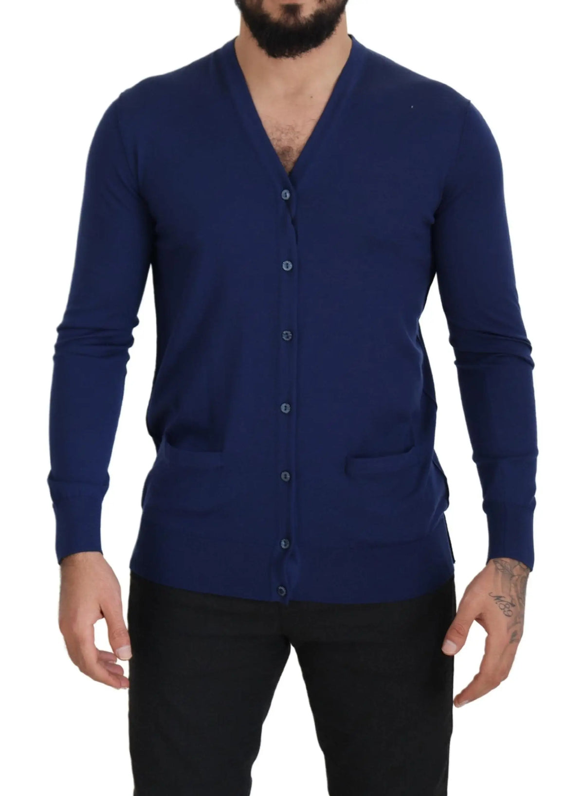 Cardigan dolce & gabbana bleu marine en laine avec col en v manches longues boutons et poches avant