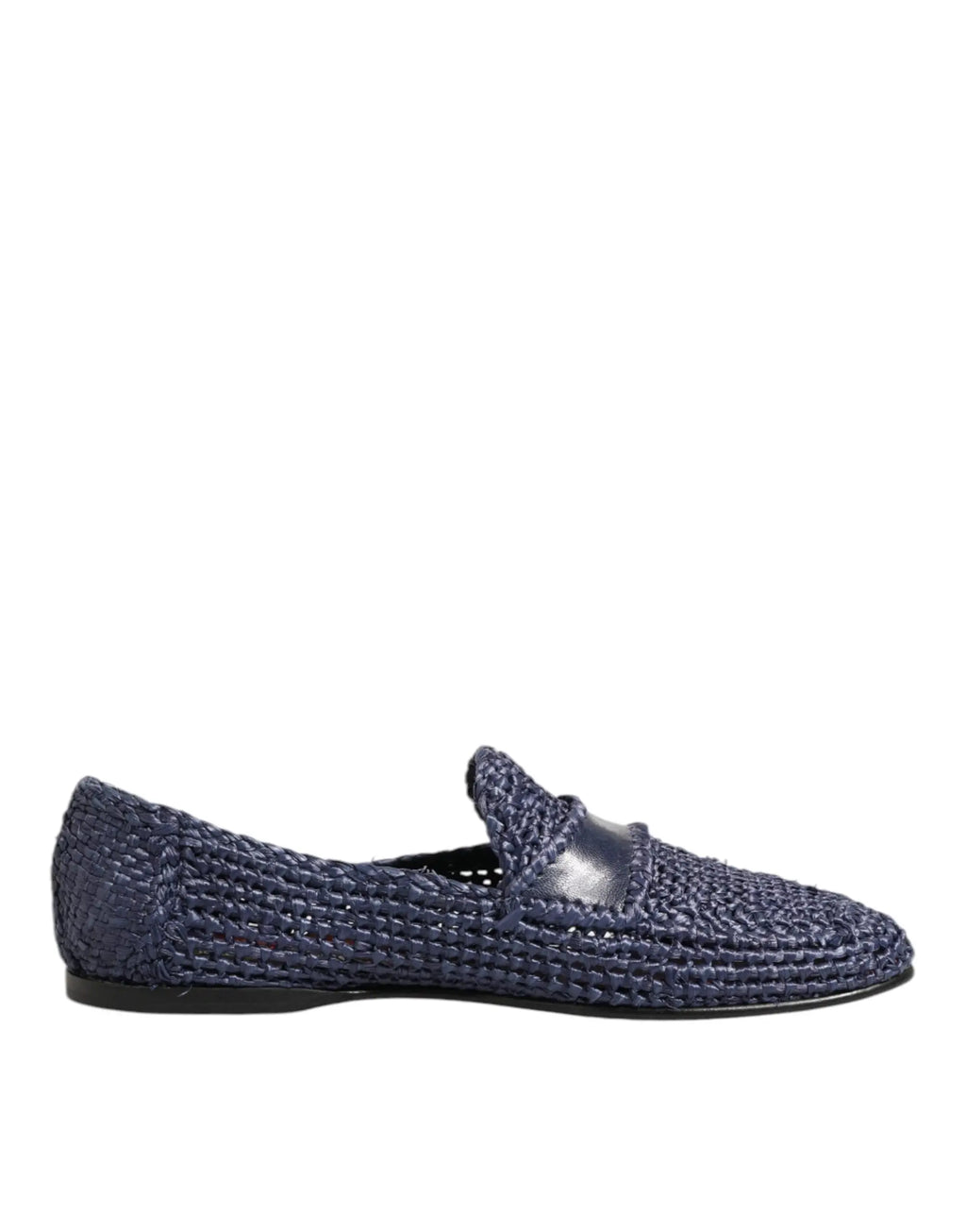 Navy blue dolce & gabbana woven leather loafer with glossy black leather strap across the toe for men
