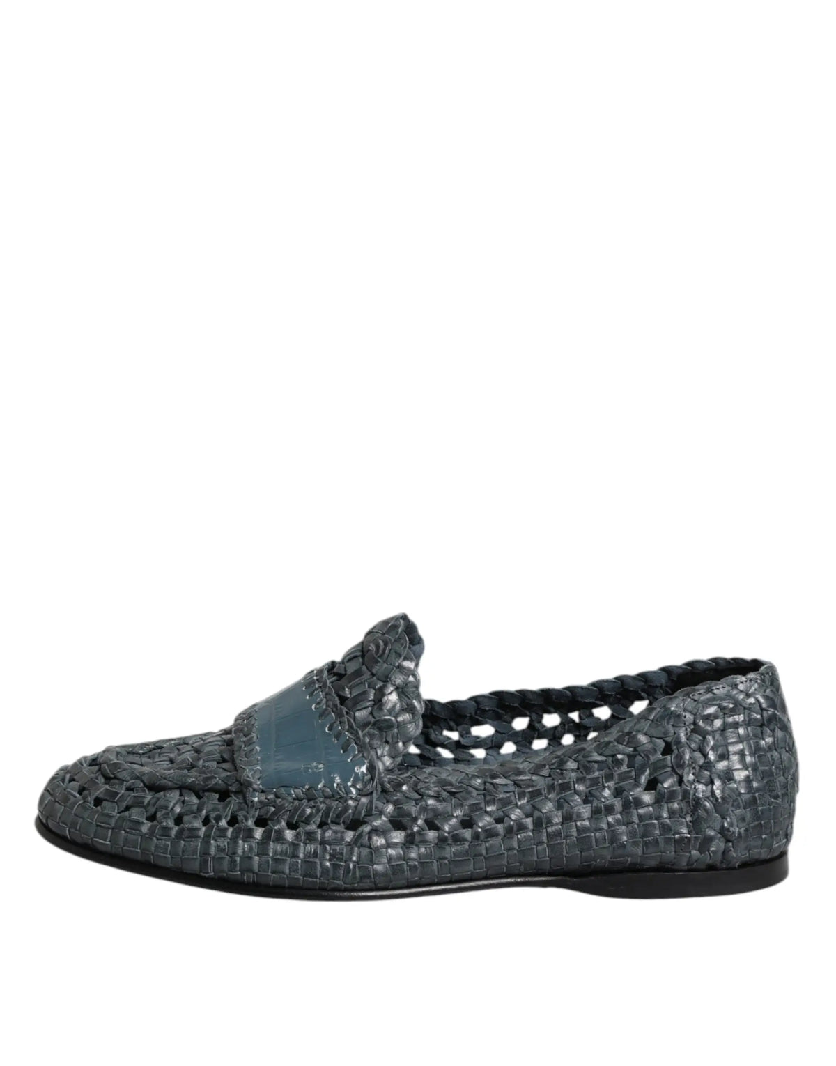 Dolce & gabbana mocassins bleu en cuir tressé avec bride en cuir verni teal sur le devant