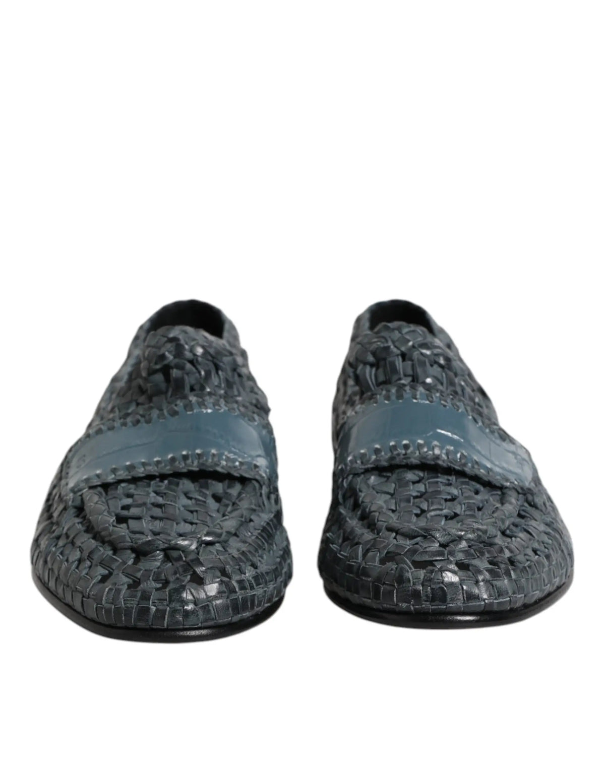 Dolce & gabbana mocassins slip on en cuir tressé bleu foncé avec bride en cuir verni teal contrastant
