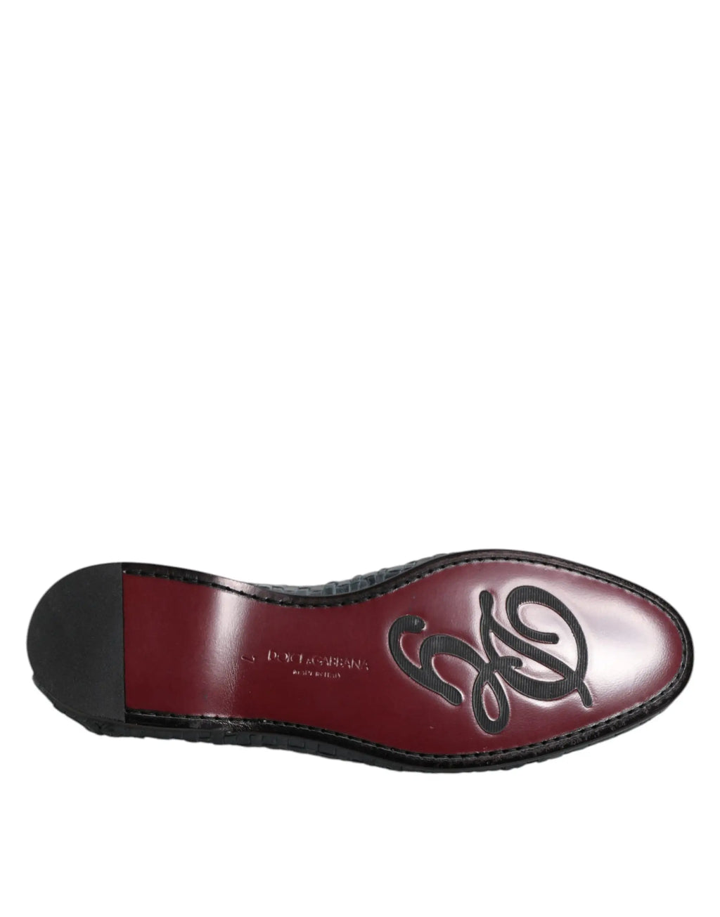 Chaussure mocassin dolce & gabbana en cuir bleu tressé avec logo noir brodé sur la semelle vue arrière bordeaux
