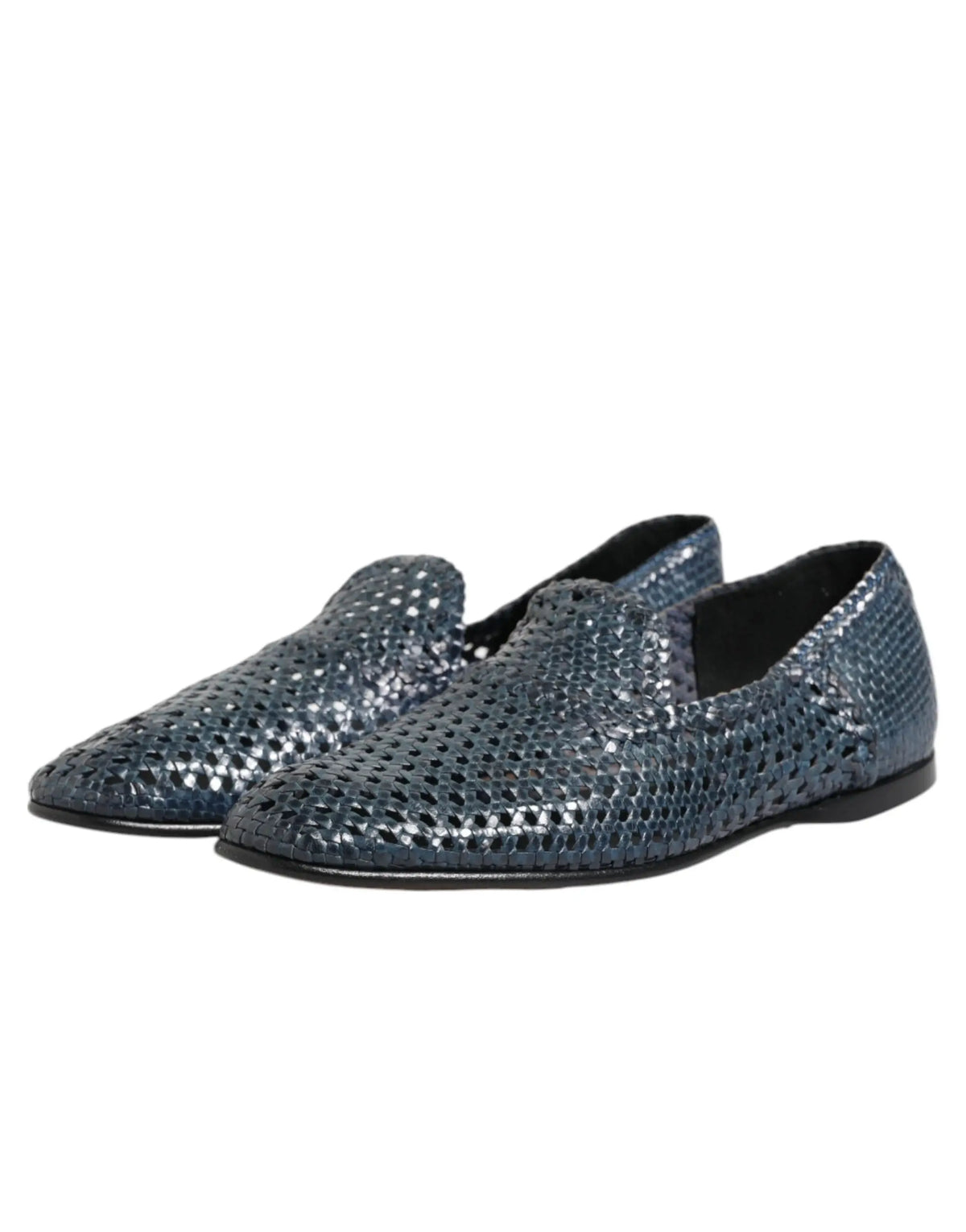 Dolce & gabbana blue woven leather slip on loafers shoes with dark blue metallic snakeskin pattern and black rubber soles