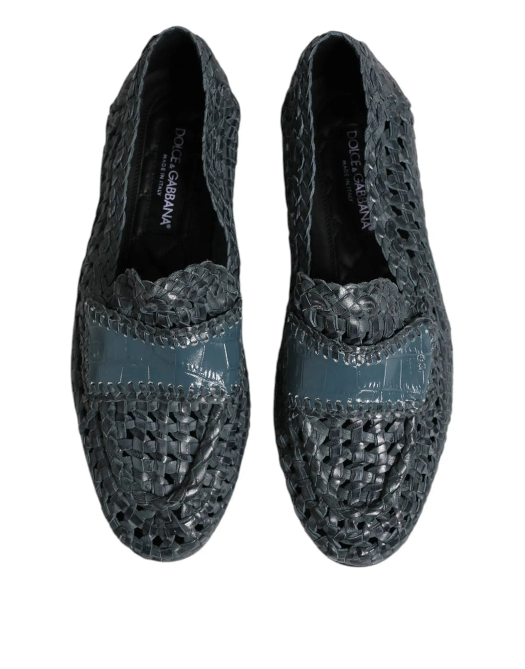 Dolce & gabbana mocassins slip on en cuir tressé bleu avec lanière à motif crocodile gris foncé