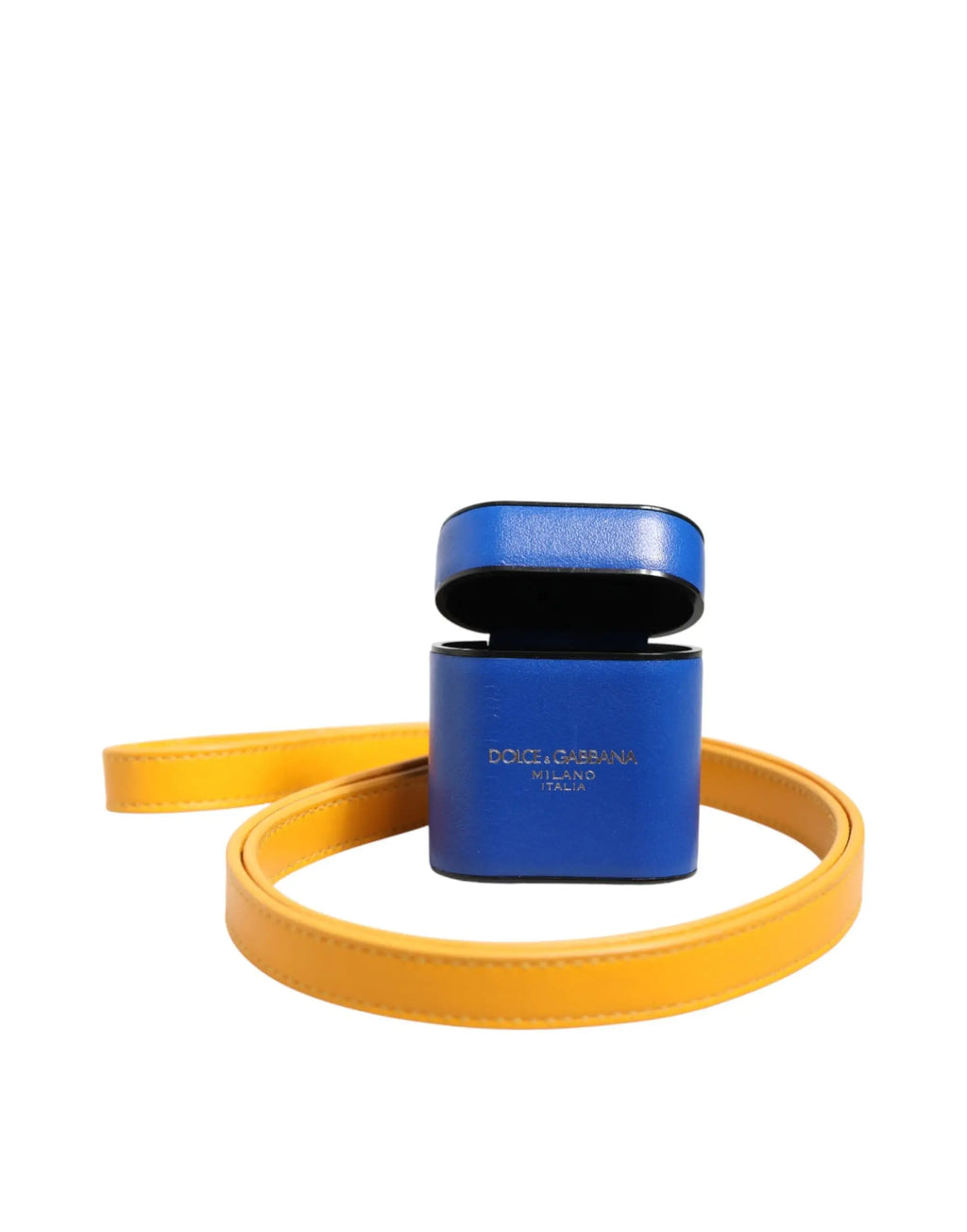 Étui pour airpods dolce & gabbana en cuir bleu avec sangle jaune en cuir de veau pour homme