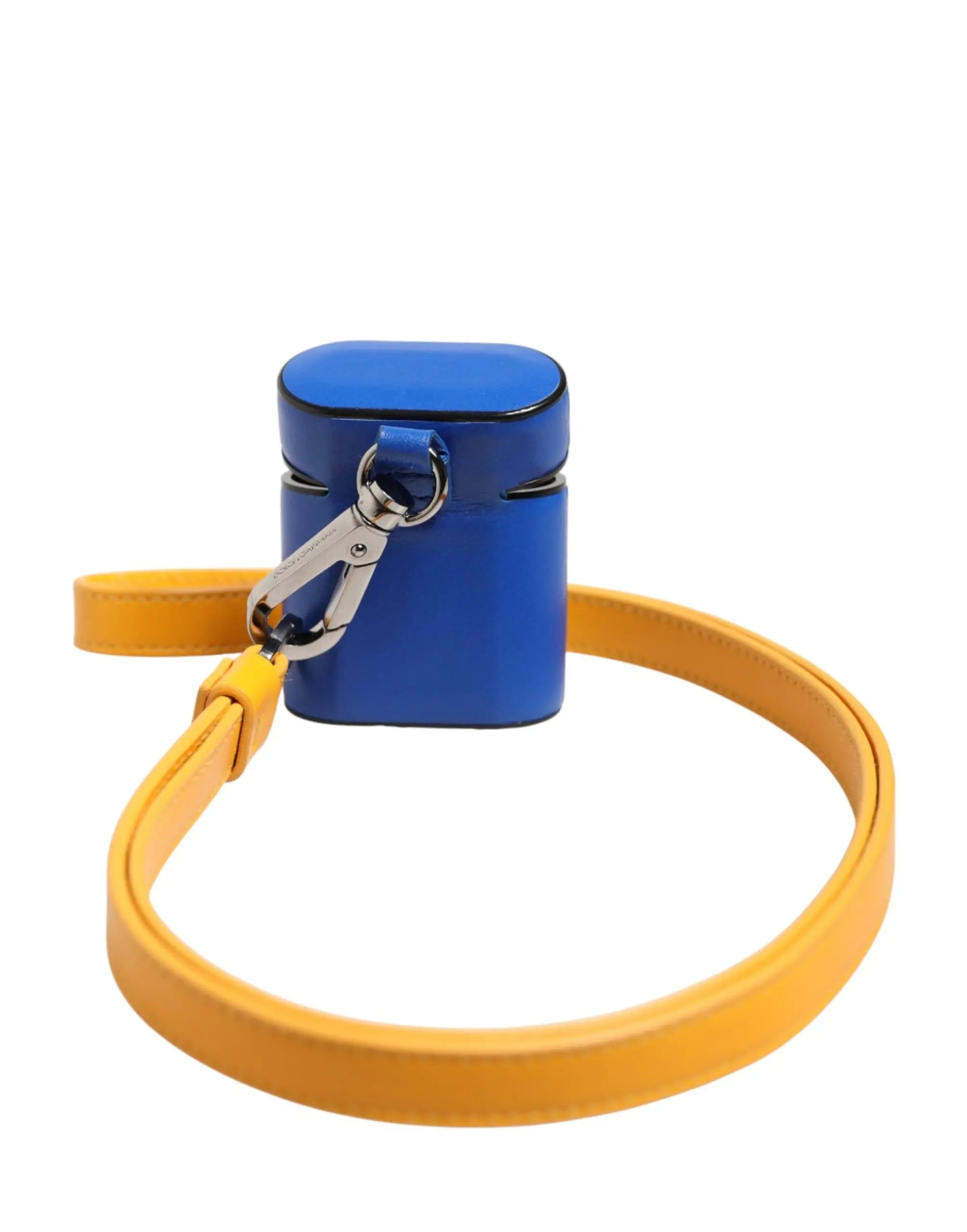 Étui airpods homme dolce & gabbana en cuir de veau bleu avec sangle jaune et logo visible