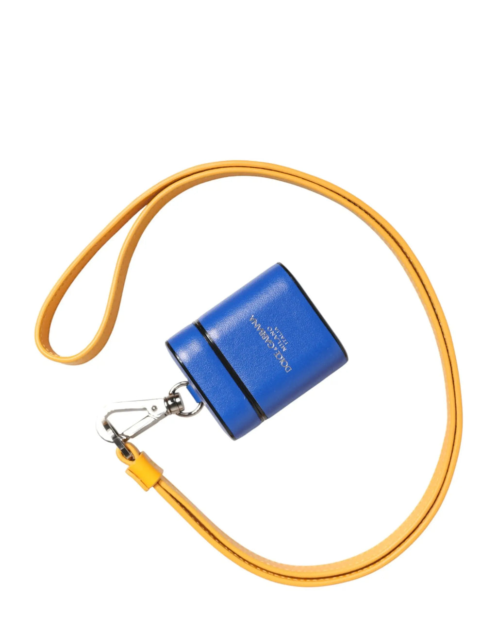 Étui airpods pour homme dolce & gabbana en cuir de veau bleu avec lanière jaune et logo loewe embossé