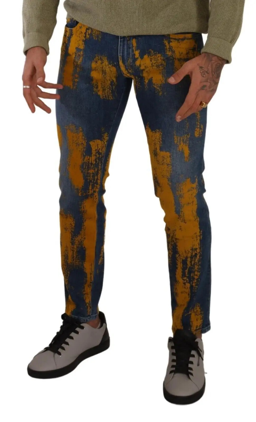 Dolce & gabbana blue yellow dye cotton skinny men denim jeans avec motif éclaboussures bleu et jaune moutarde
