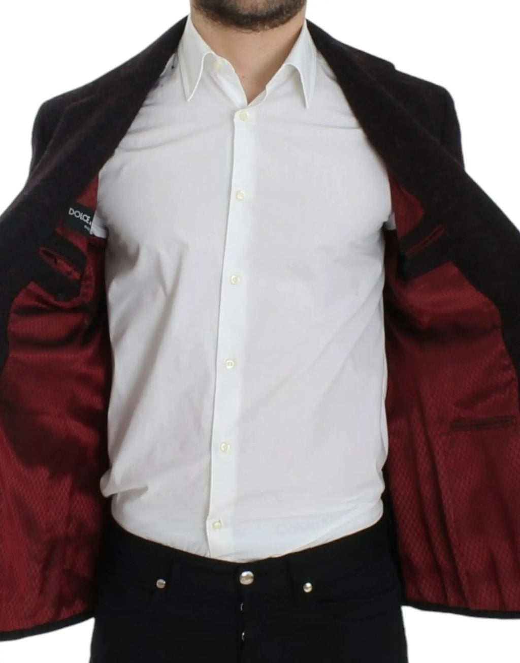 Blazer dolce & gabbana bordeaux en alpaga noir avec doublure satin bordeaux riche vue avant